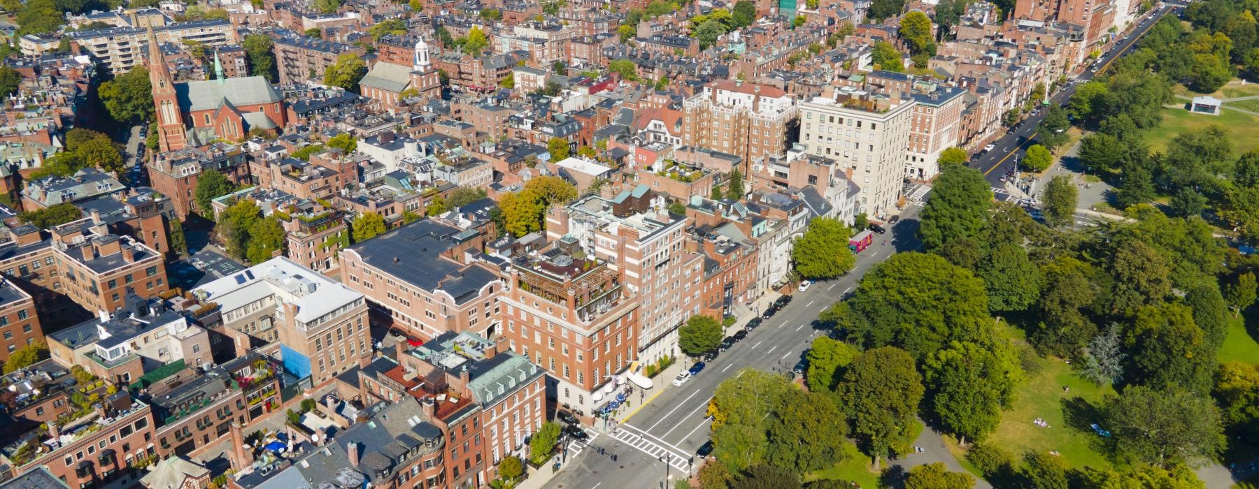 a city with many trees and buildings